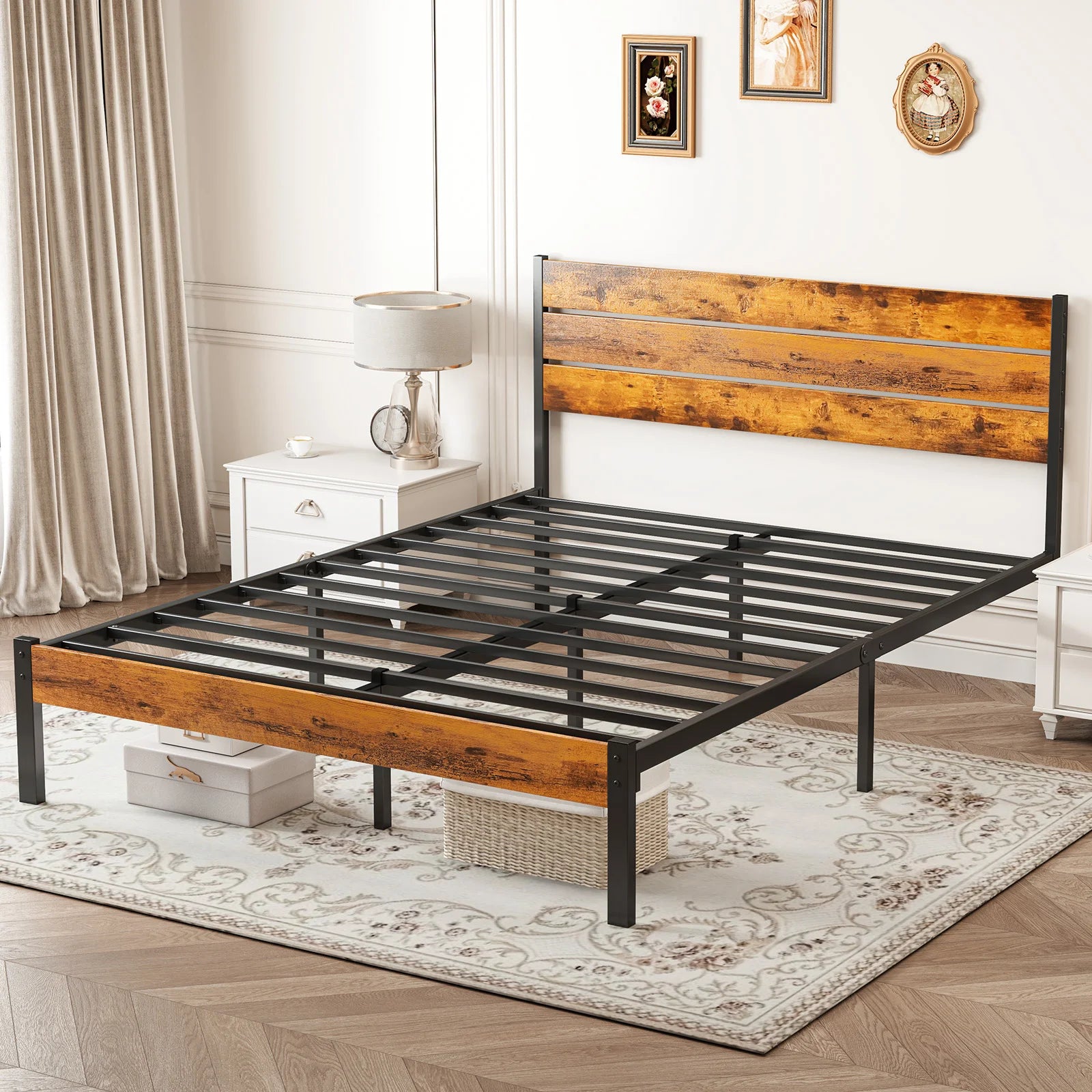 Metal Platform Bed Frame with Wooden Headboard, No Box Spring Needed