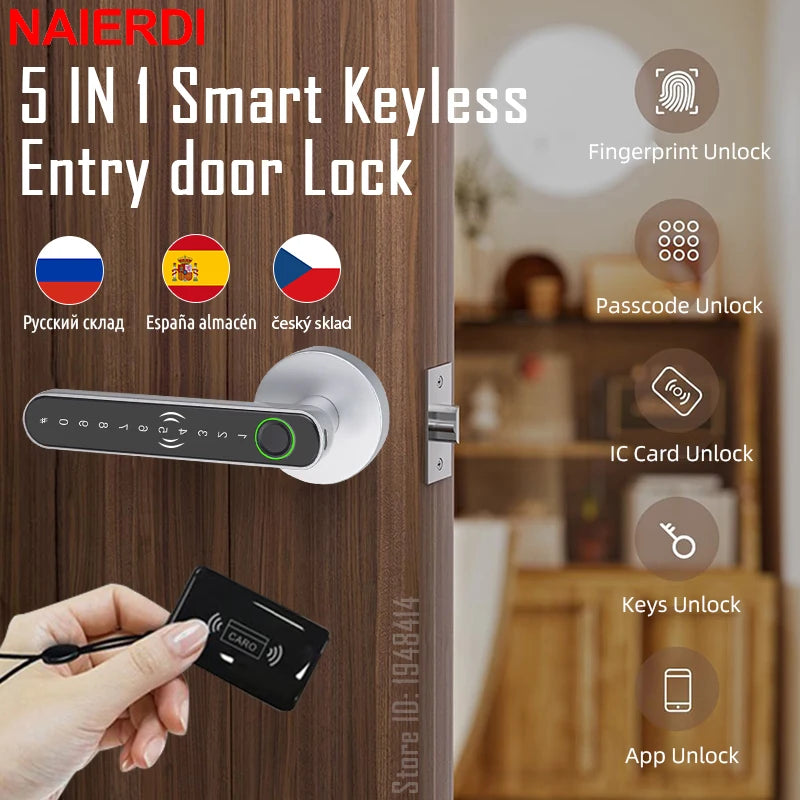 NAIERDI Fingerprint Door Lock with Card 5-1 Keyless Bluetooth Smart Door Lock Tuya APP Security Digital Door Lock with Handle