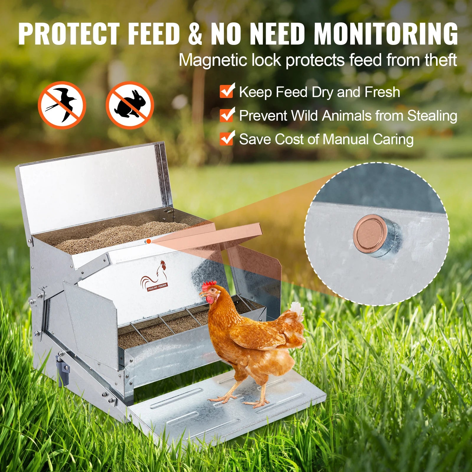 Alimentatore automatico per polli SucceBuy, capacità 25 lb, alimenta fino a 10 polli per 11 giorni, feeder in acciaio zincato per pollame