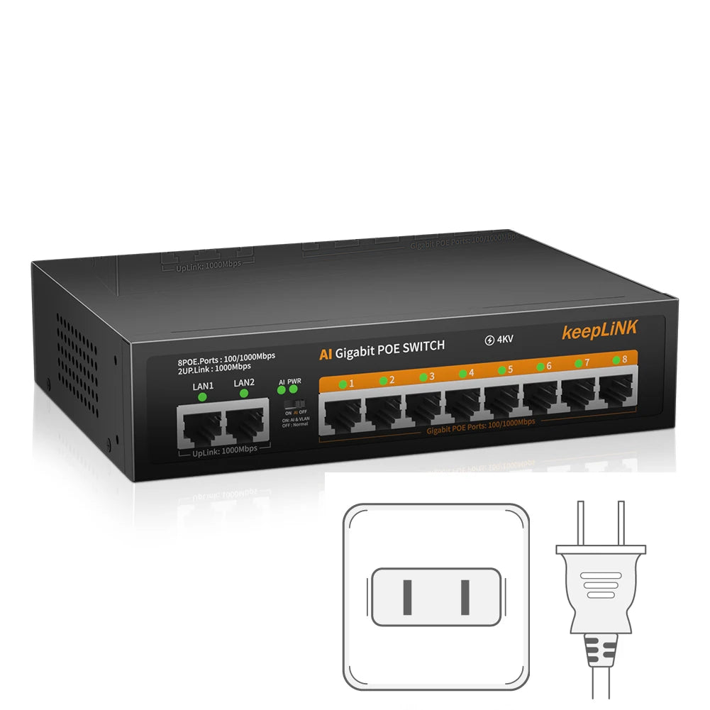 KeepLiNK 10-Port Gigabit Switch with 8-PoE and 2-RJ45 for Uplink Unmanaged Plug and Play 
