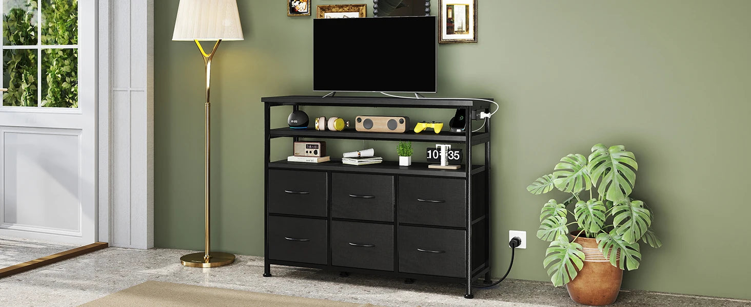 TV stolek se 6 zásuvkami, nabíjecí stanicí a LED osvětlením pro televize až do 45"
