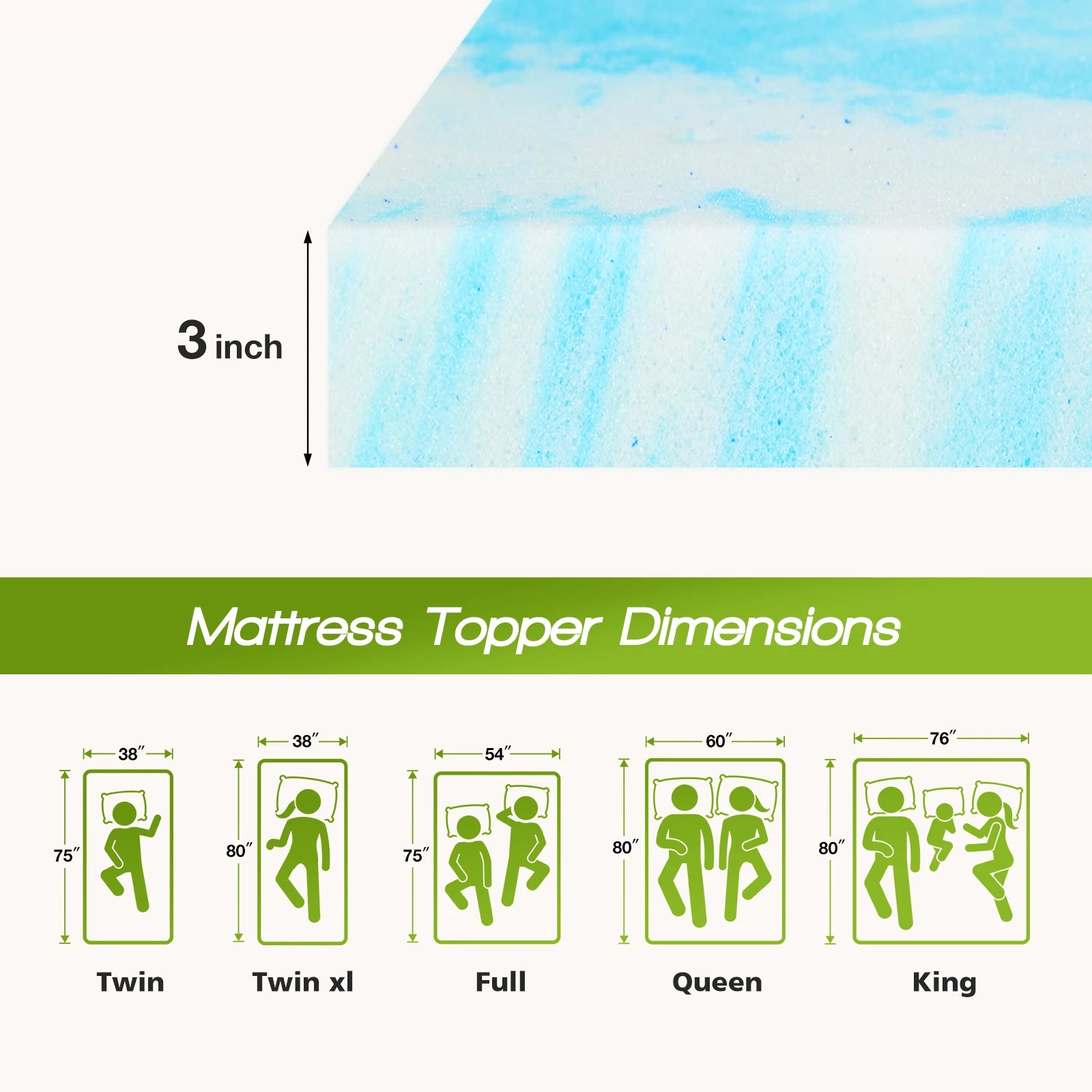 3 Inch Memory Foam Mattress Topper with Gel Cooling Support