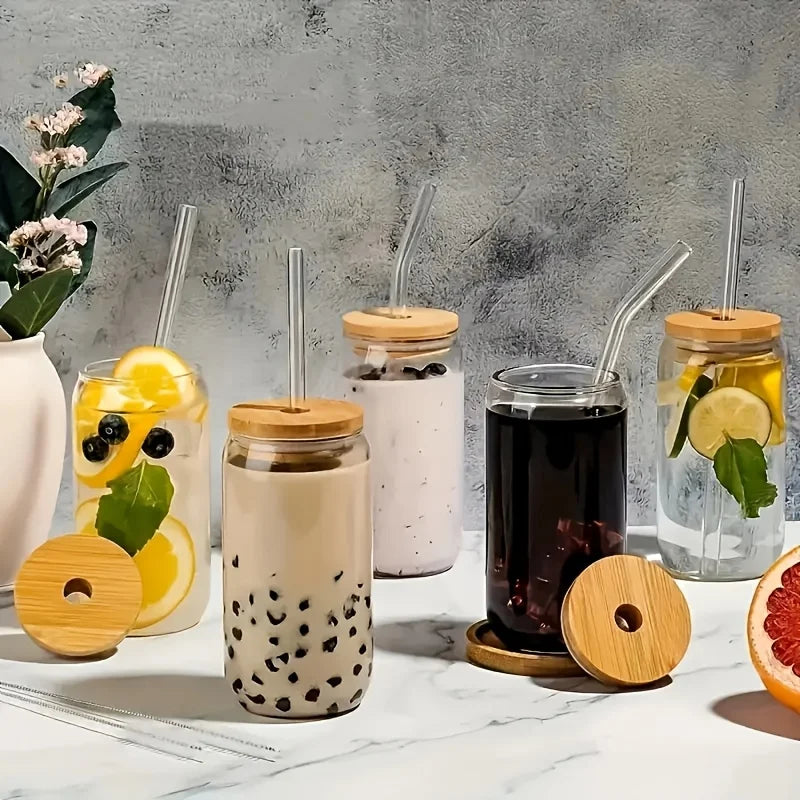 6-pack 550 ml glas med bambulock och glas-sugrör