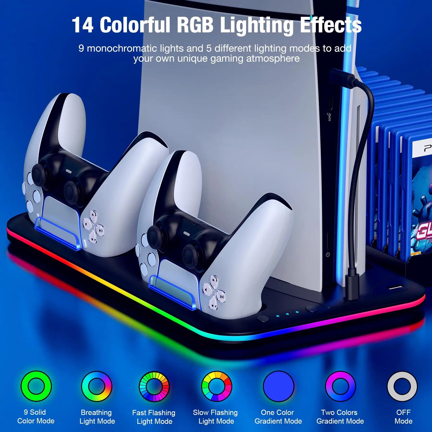Slim Console Cooling Stand with RGB Light, Dual Controller Charger, 15 Game Slots and Headset Holder