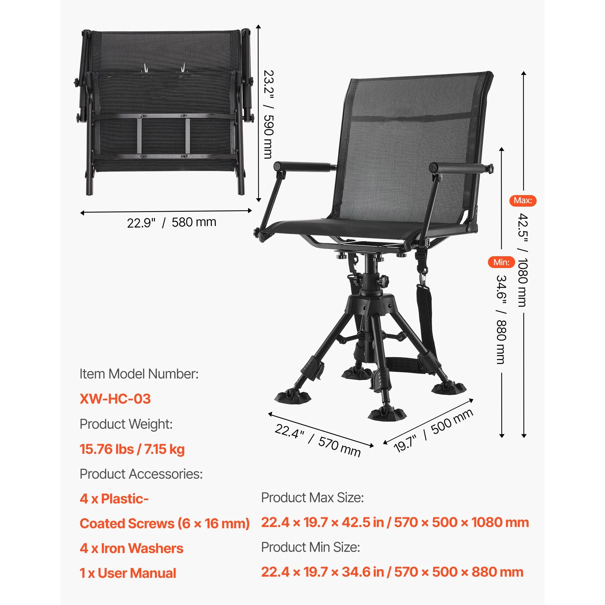 SucceBuy Hunting Chair 360° Silent Swivel Foldable Blind Chair Steel Frame Ground Stool Seat 300Lbs/350Lbs Capacity for Fishing