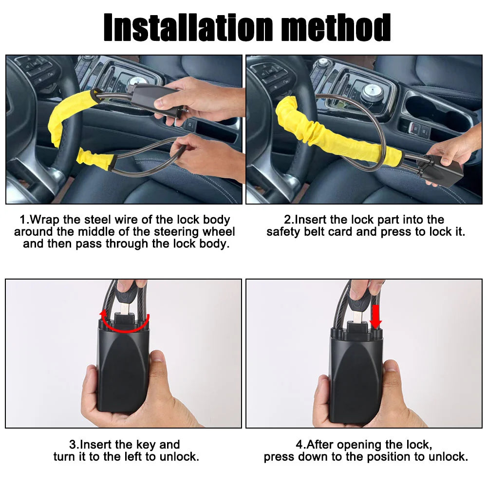 SEAMETAL Car Steering Wheel Lock Universal Antitheft Device Auto Seat Belt Buckle Lock Rope Steel Cable for Car Truck SUV Van RV
