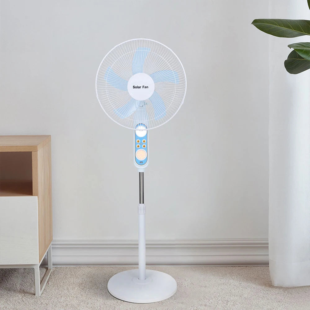 Solární podlahový ventilátor s dálkovým ovládáním, 12hodinovým provozem a LED světlem