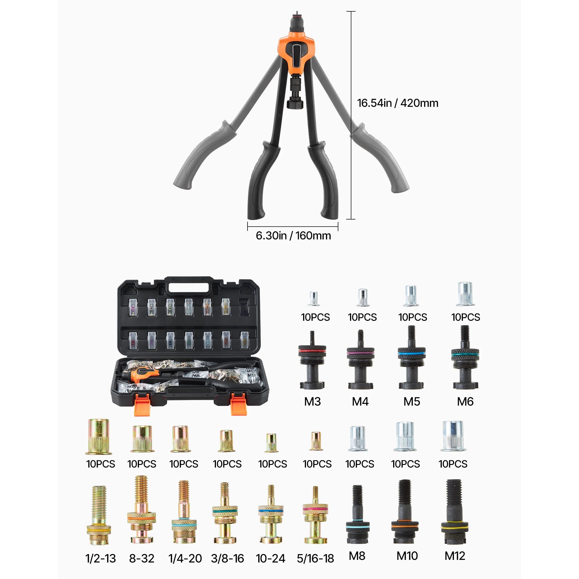 Rivet Nut Tool Kit with Mandrels & Nuts Metric SAE Set