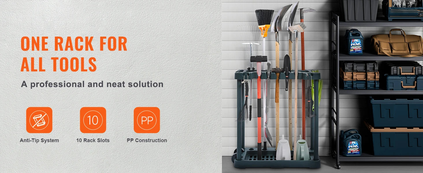 10-Slot Garden Tool Organizer Rack for Garage Storage Stand