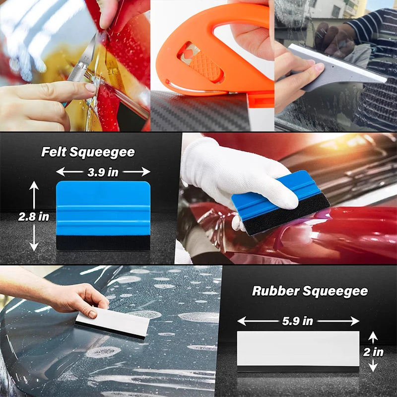 Car Film Wrapping Tool Kit Window Tinting Tools Vinyl Wrap Felt Squeegee Wrap Stick Vinyl Cutter Utility Knife Plastic Scraper