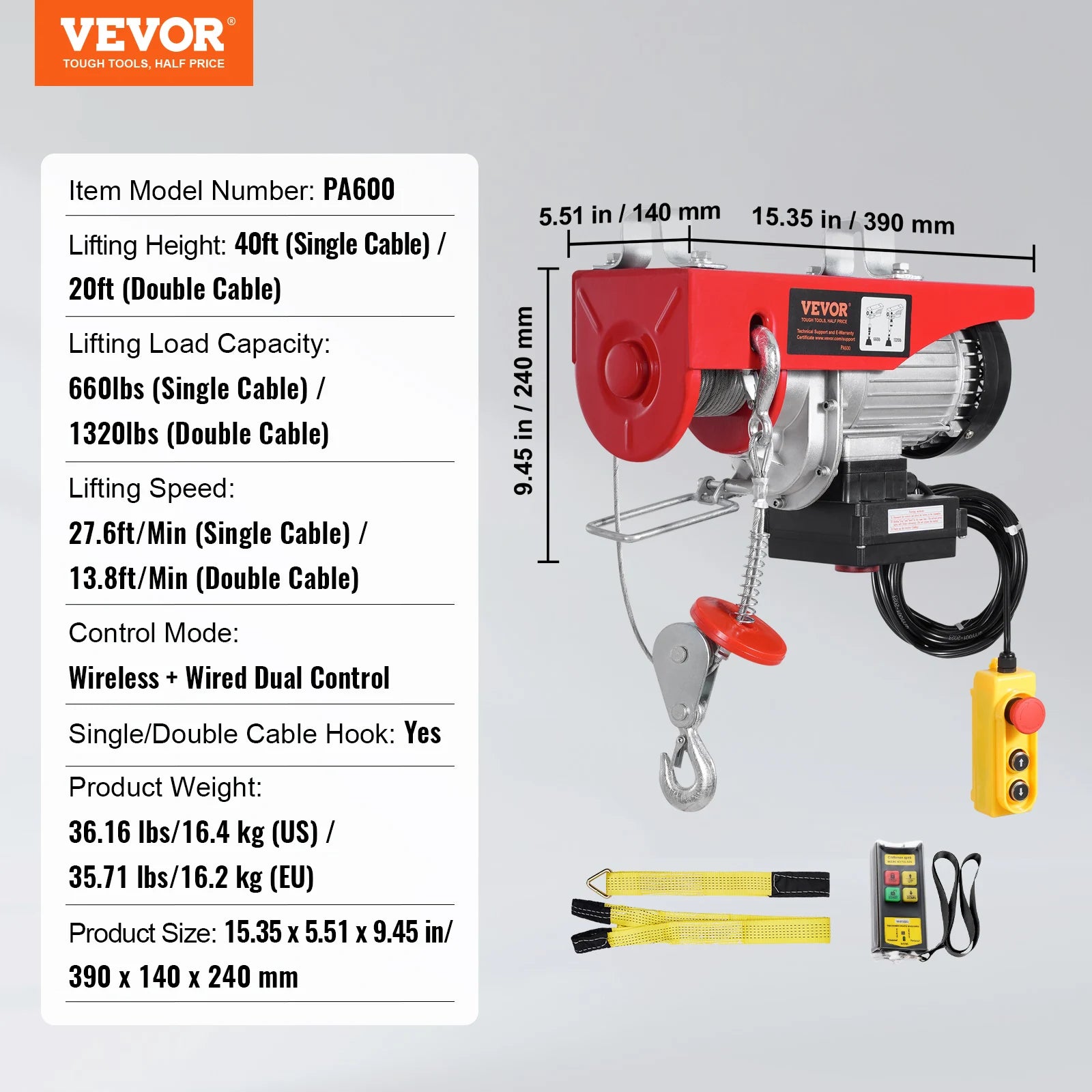 Grue à palan électrique 1320 lbs avec télécommande sans fil portée de 328 ft