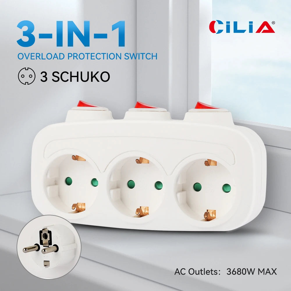 EU Three-Socket Wall Adapter with Switches
