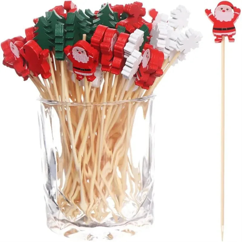 50Pcs/set Christmas Fruit Sticks Disposable Bamboo Sticks Snowflake Christmas Tree Elk Santa Claus Snowman Sticks Xmas Ornaments 