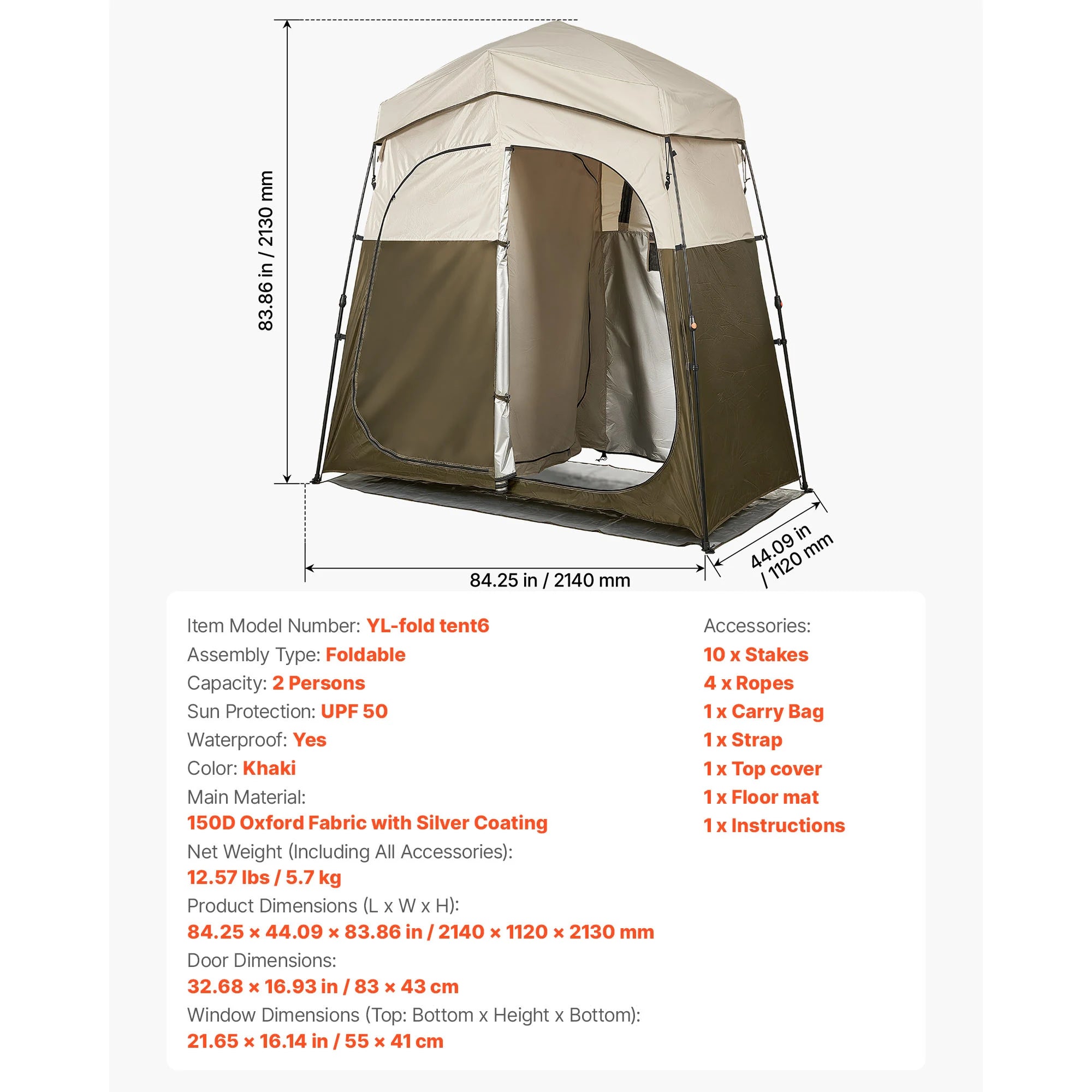 Tente de douche de camping SucceBuy, 1 pièce, pliable, tente d’intimité/changement avec piquets, cordes, sac de transport et traverse