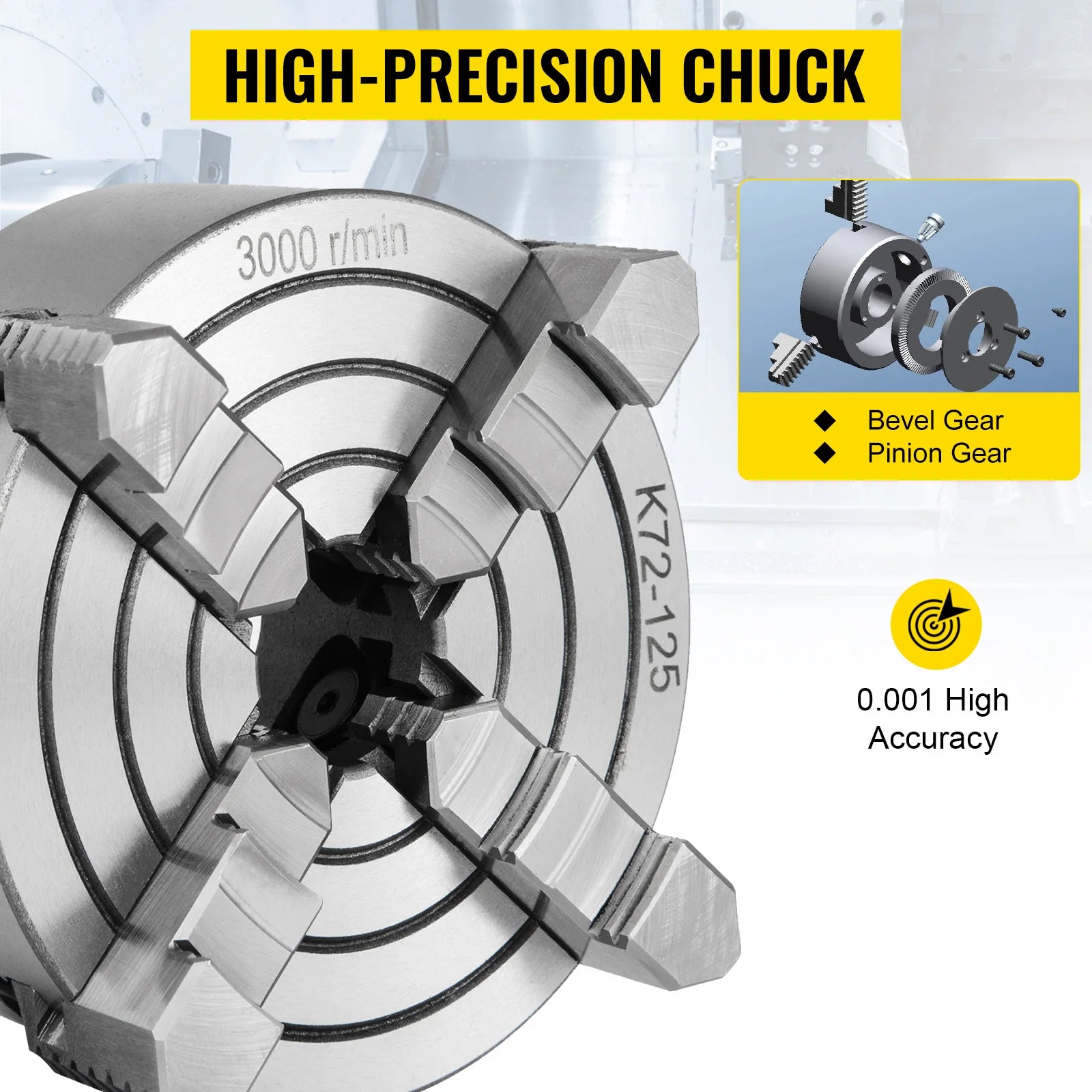 SucceBuy K72-125 Lathe Chuck 5 Inch 4-Jaw Independent Reversible Jaw Metal Lathe Chuck Turning Machine Accessories, Lathes Use