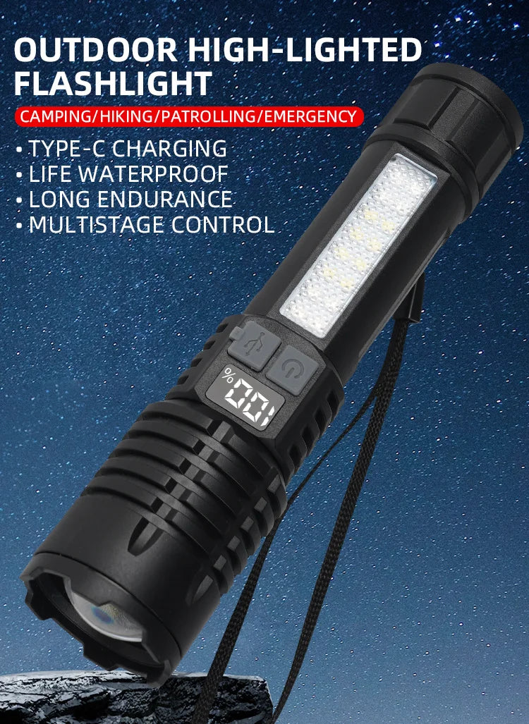 Portable Rechargeable High Power LED Flashlights With Display Screen Zoom Tactical Torch Lamp with Emergency Side Lights Lantern