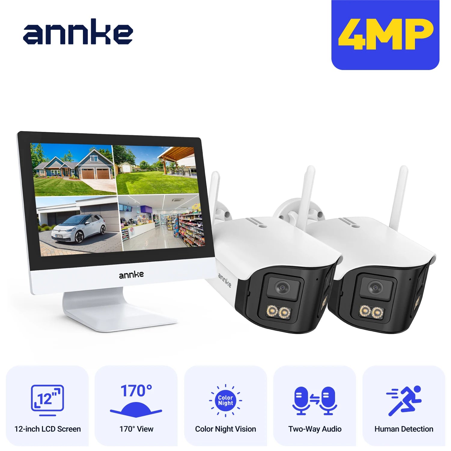 ANNKE 12" LCD Wireless NVR Kit with Dual-Lens 4MP Cameras