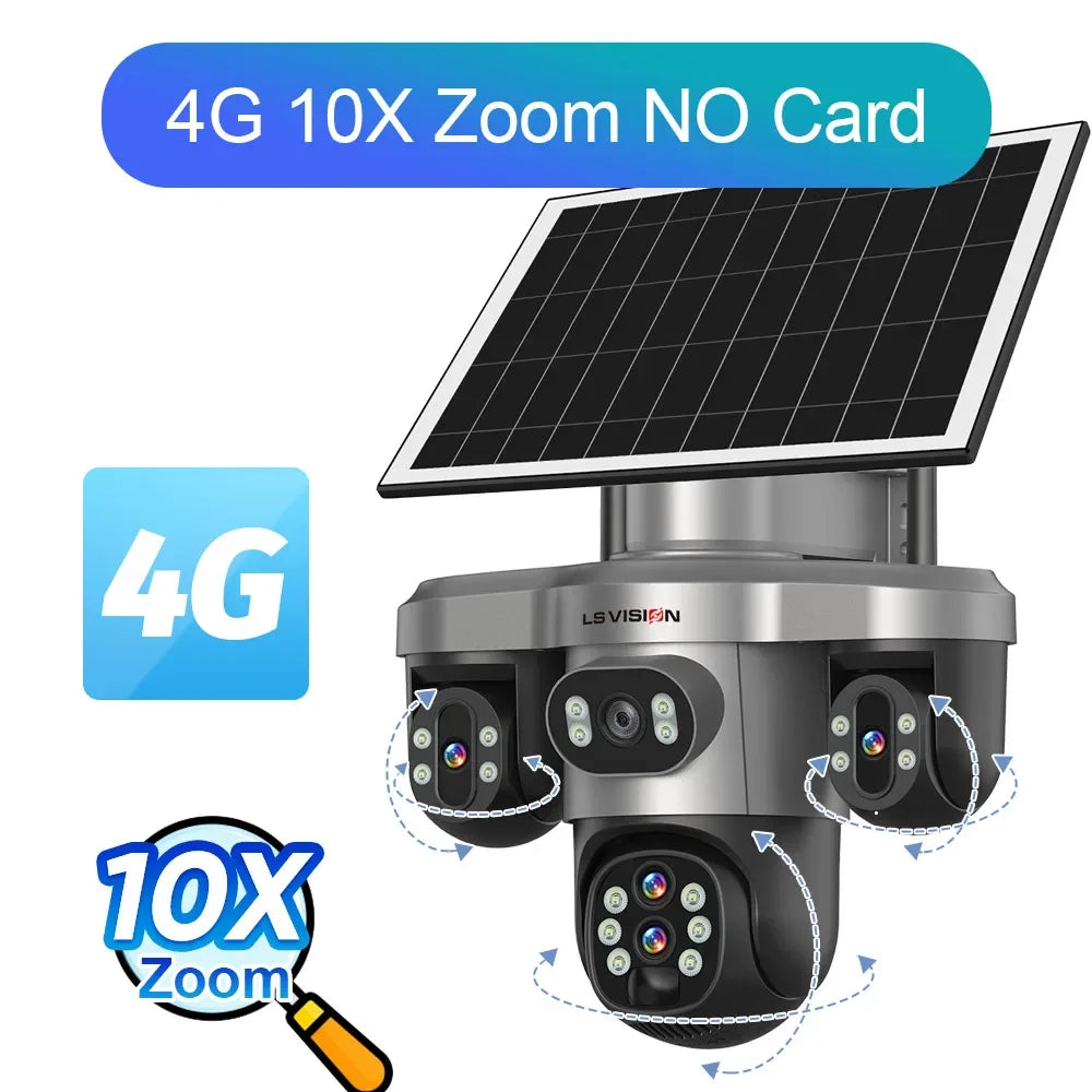 LS VISION 20MP 4 Lens Three Screen 4G Solar Camera Outdoor WiFi 10X Optical Zoom Auto Tracking Wifi Surveillance Camera V380 Pro 