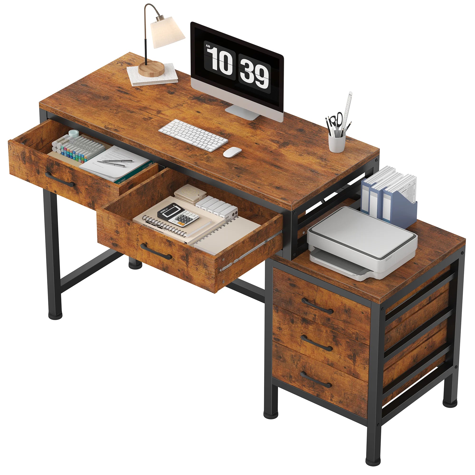 51" Computer Desk with 5 Drawers and Printer Stand Storage