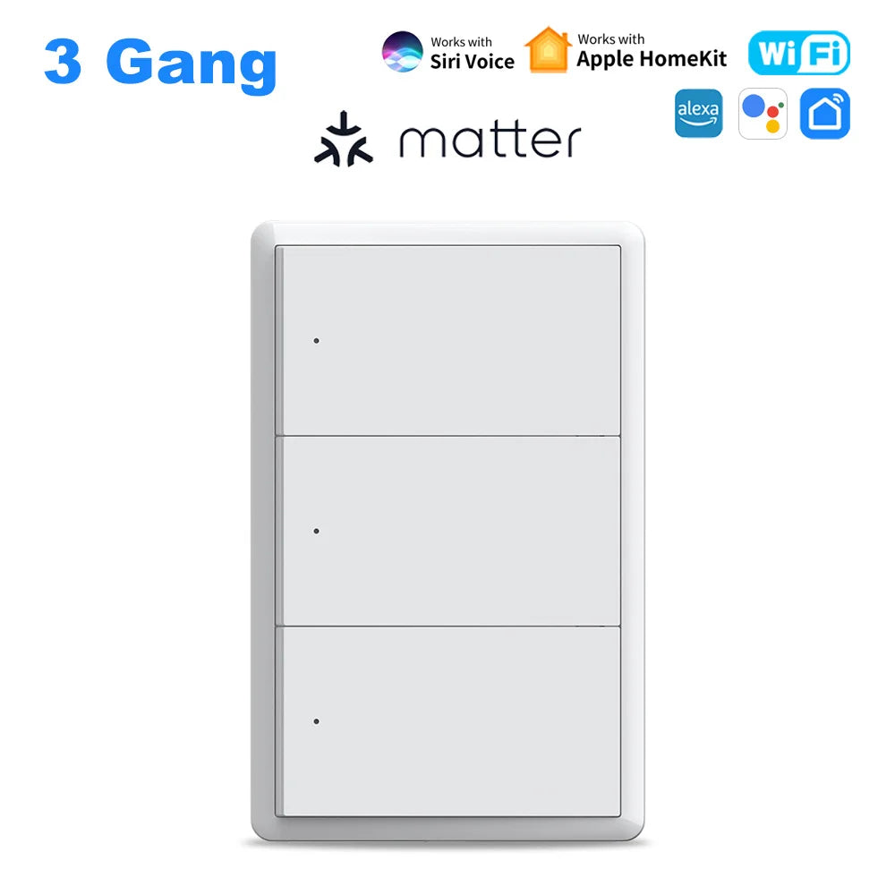 Manhot Matter WiFi Smart Wall Light Switch 1 2 3 4 Gangs with Neutral Wire Push  Physical Light Switches work with Homekit App 