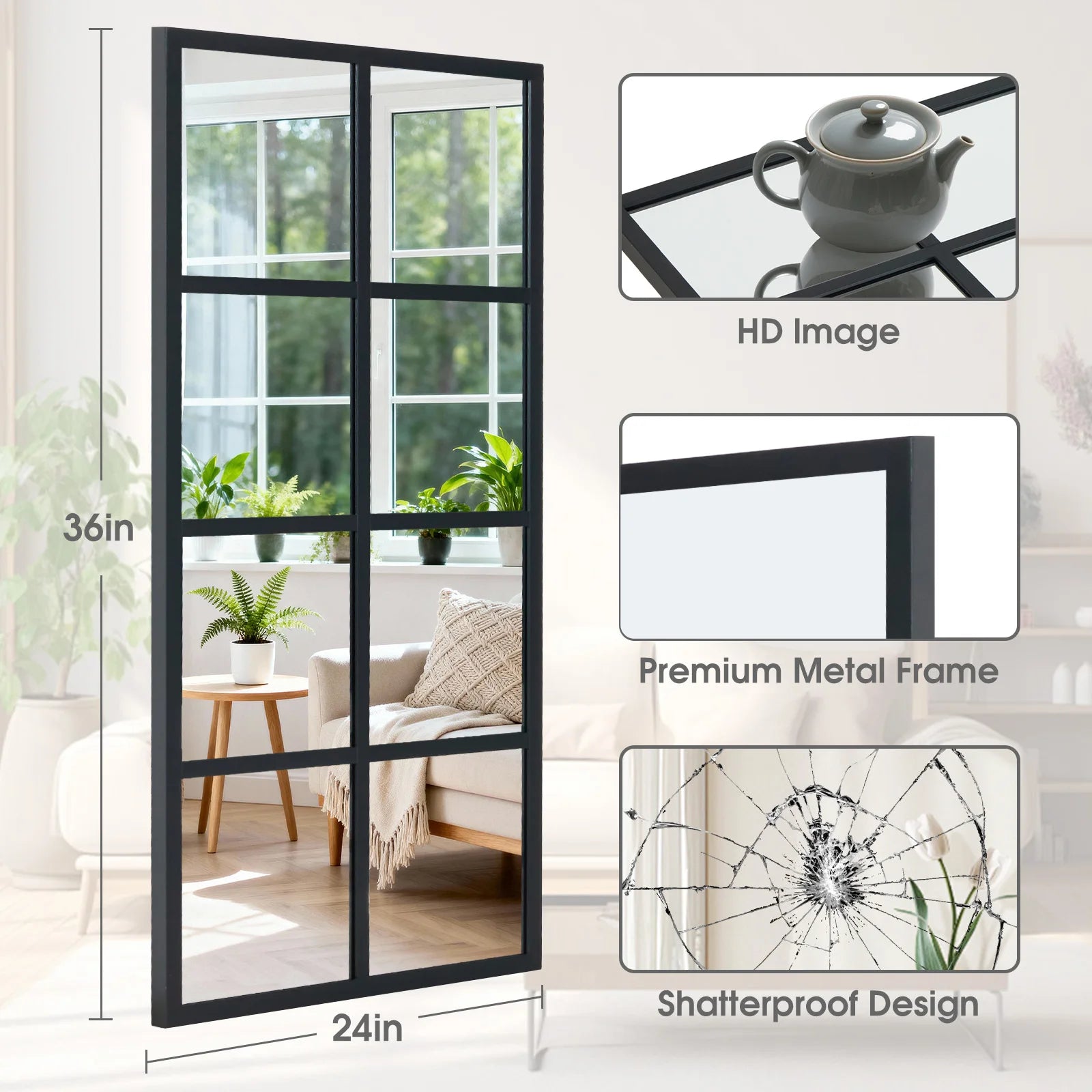 16" x 32" Window Pane Wall Mirrors Set of 2 Metal Frame