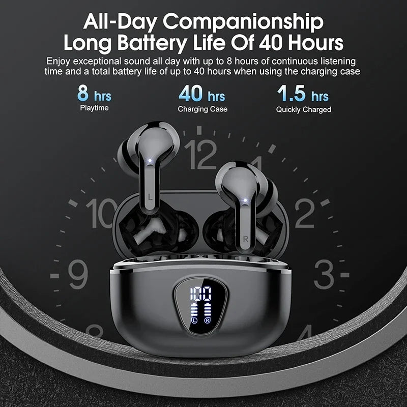 Auriculares Bluetooth com microfone e estojo de carregamento