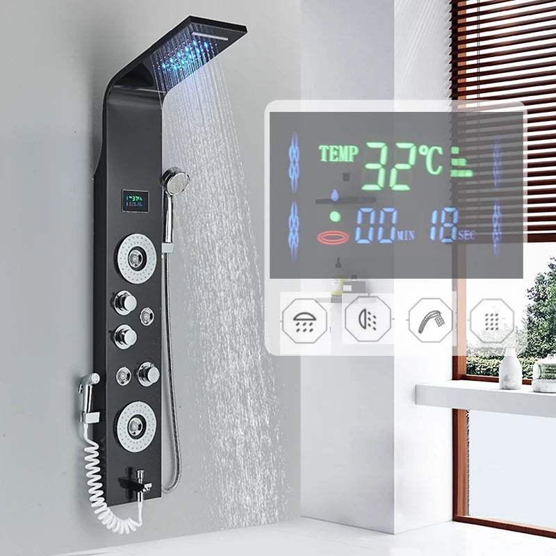 Panneau de douche noir pour salle de bain avec affichage LED et jets de massage