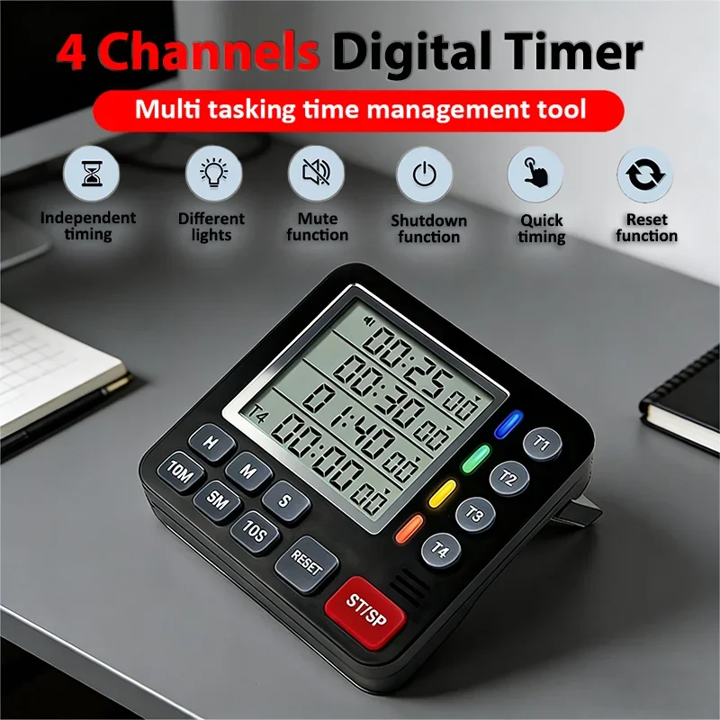 4-Channel Digital Kitchen Timer with Mute Light Alert