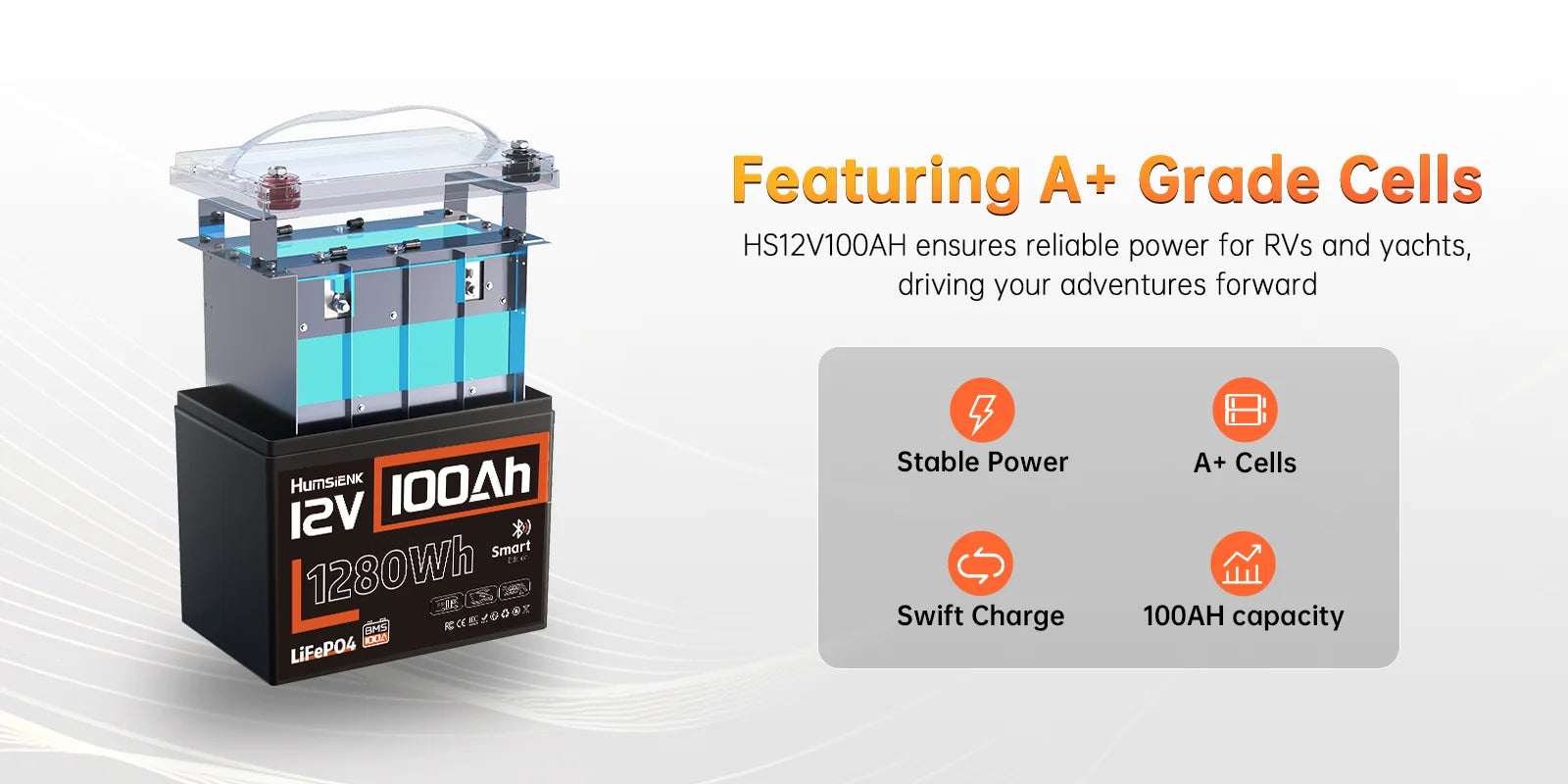12V 100Ah LiFePO4-batteri 1280Wh med Bluetooth og 100A BMS