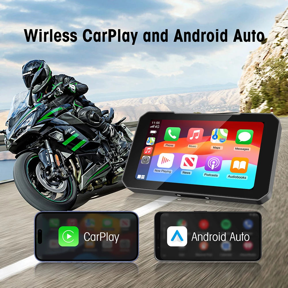 5 Inch Motorcycle Portable GPS Navigation Display with Wireless CarPlay and Android Auto