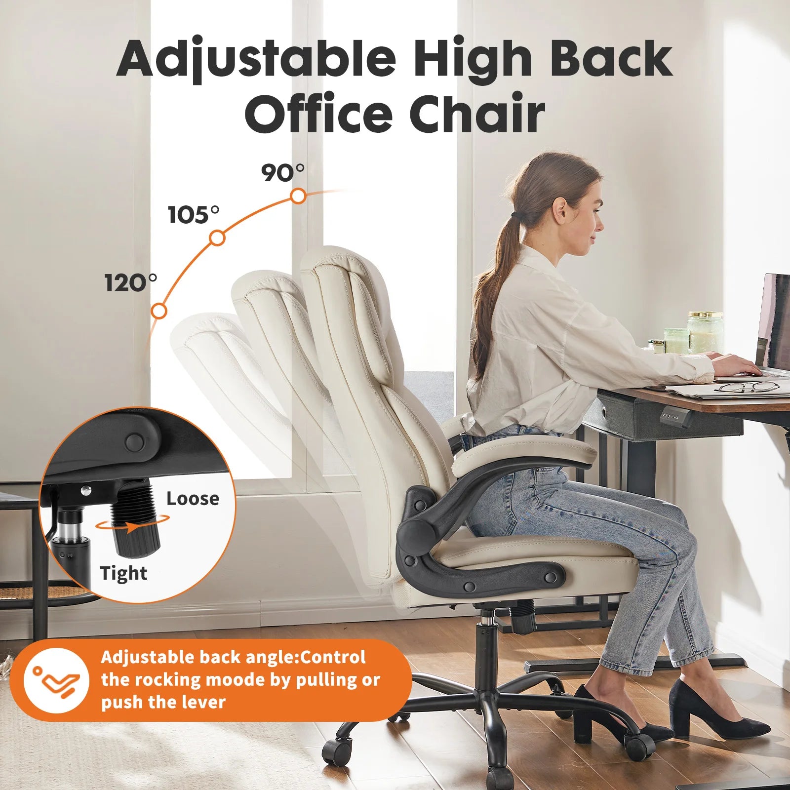 Ergonomic Office Chair with Flip-Up Arms PU Leather Swivel Seat