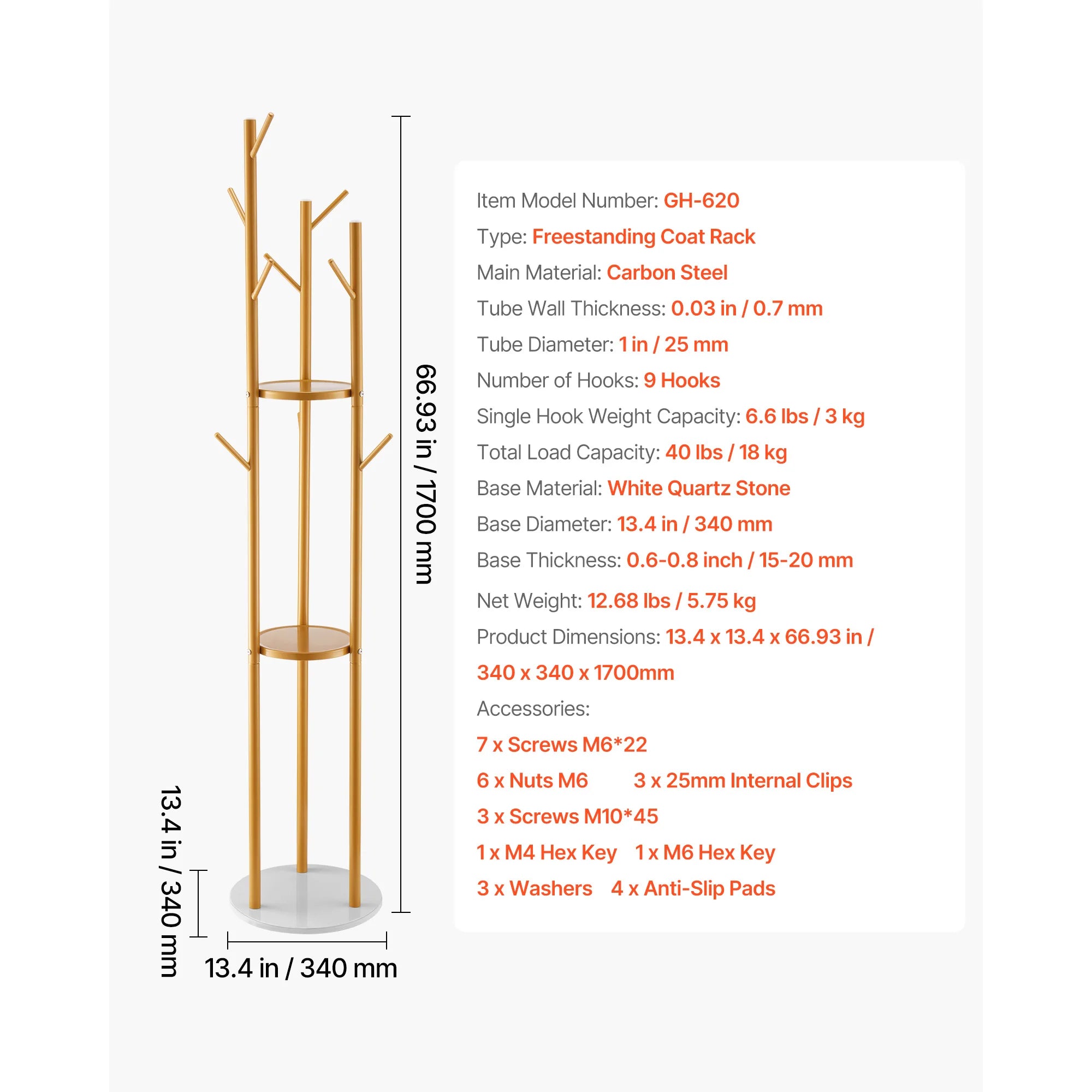 Freestanding Coat Rack with Quartz Base and 9 Hooks Stand