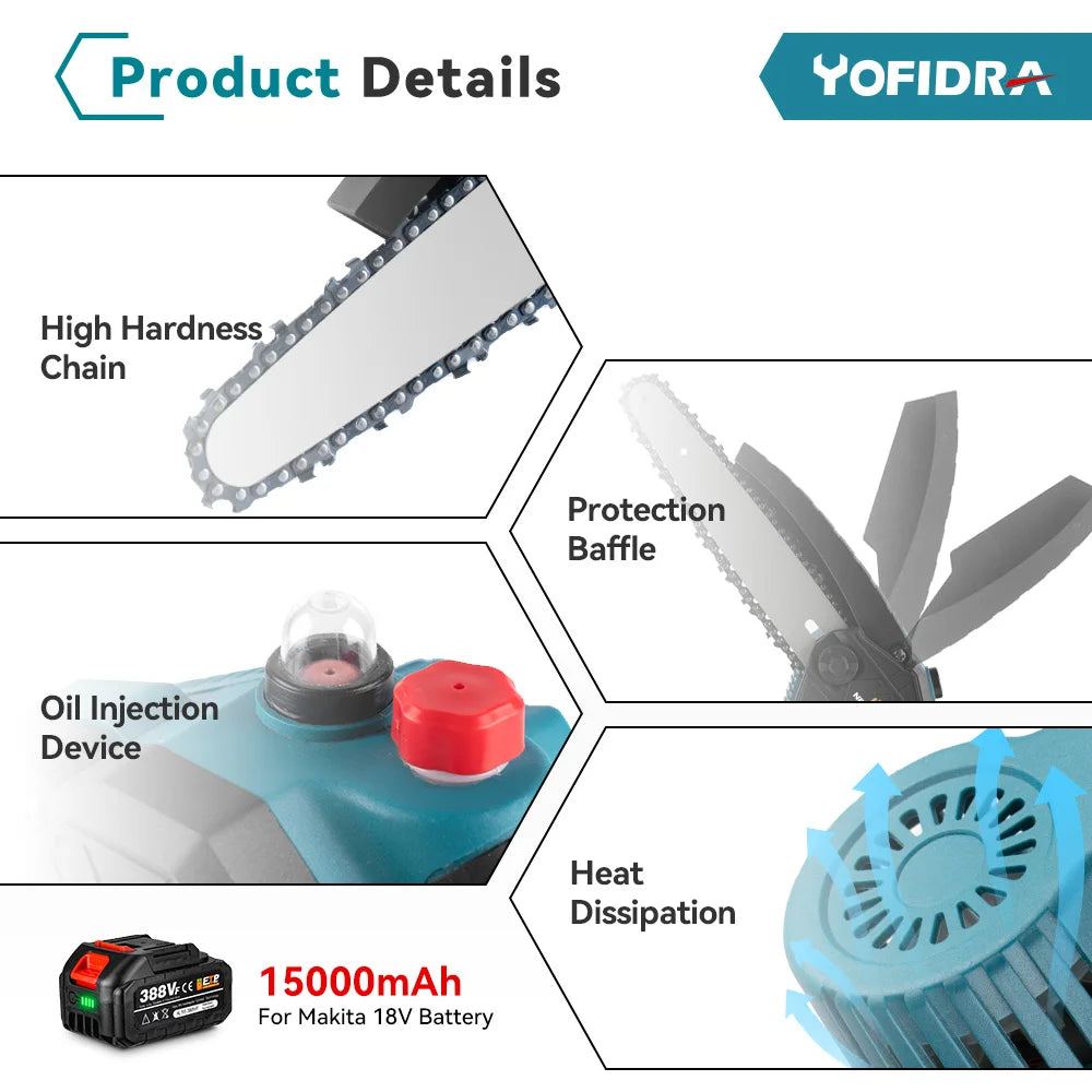 8 Inch Brushless Electric Saw Cordless Oiler Handheld Garden Wood Cutting Logging Chainsaw Power Tool For Makita 18V Battery Pin 