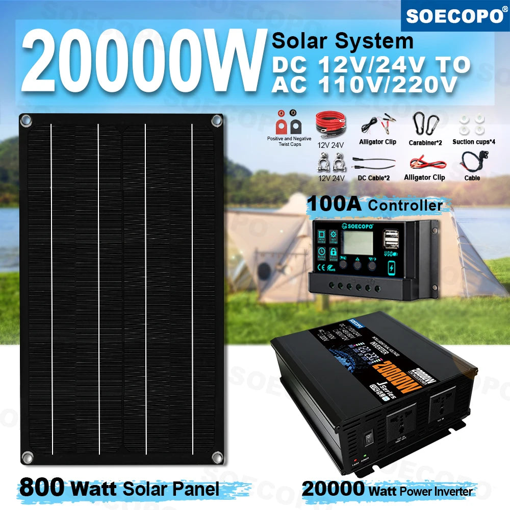 20000W solenergisystem sæt med 800W panel og 1600W inverter