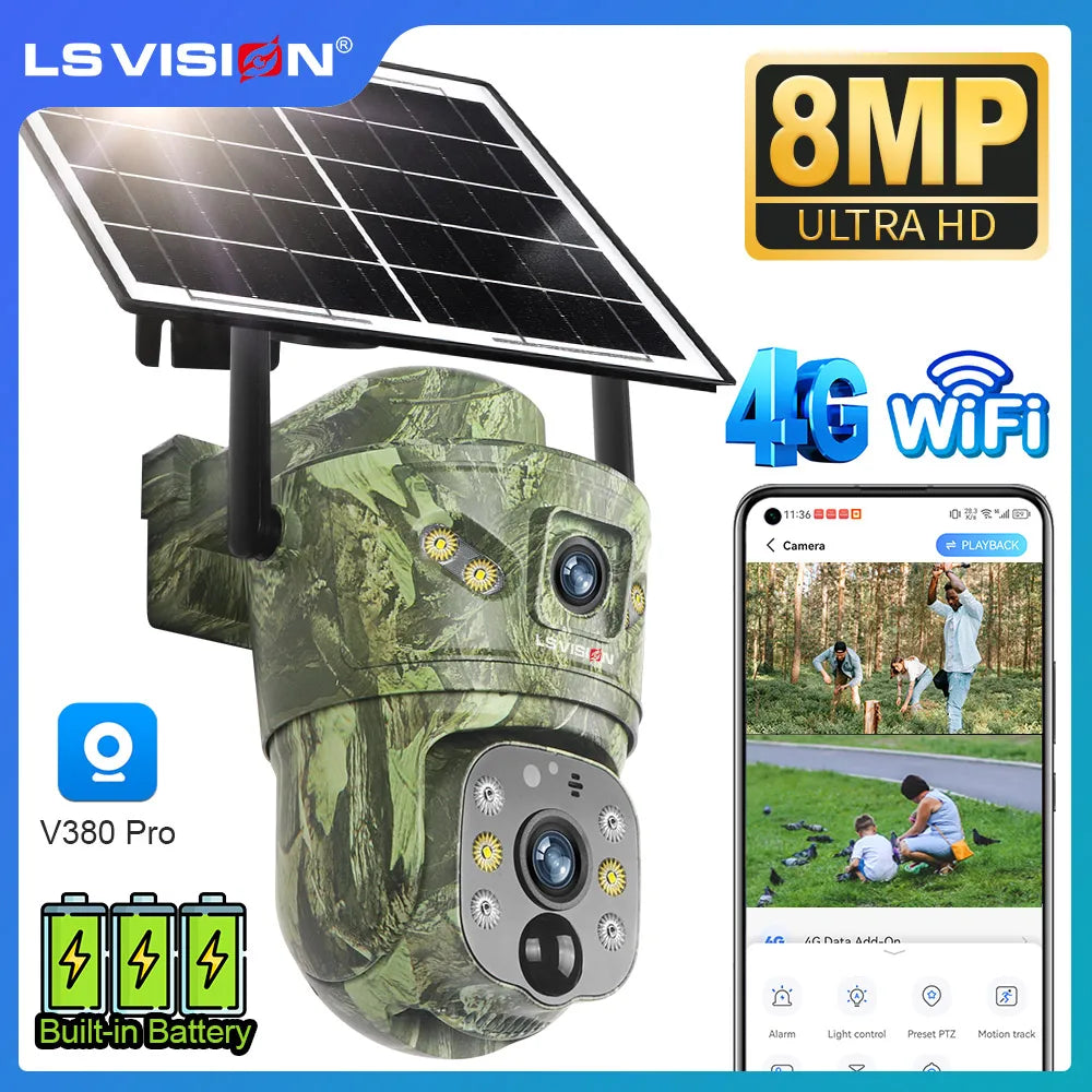 4K Solar Security Camera with 360° PTZ, 4G/WiFi & Dual Screen