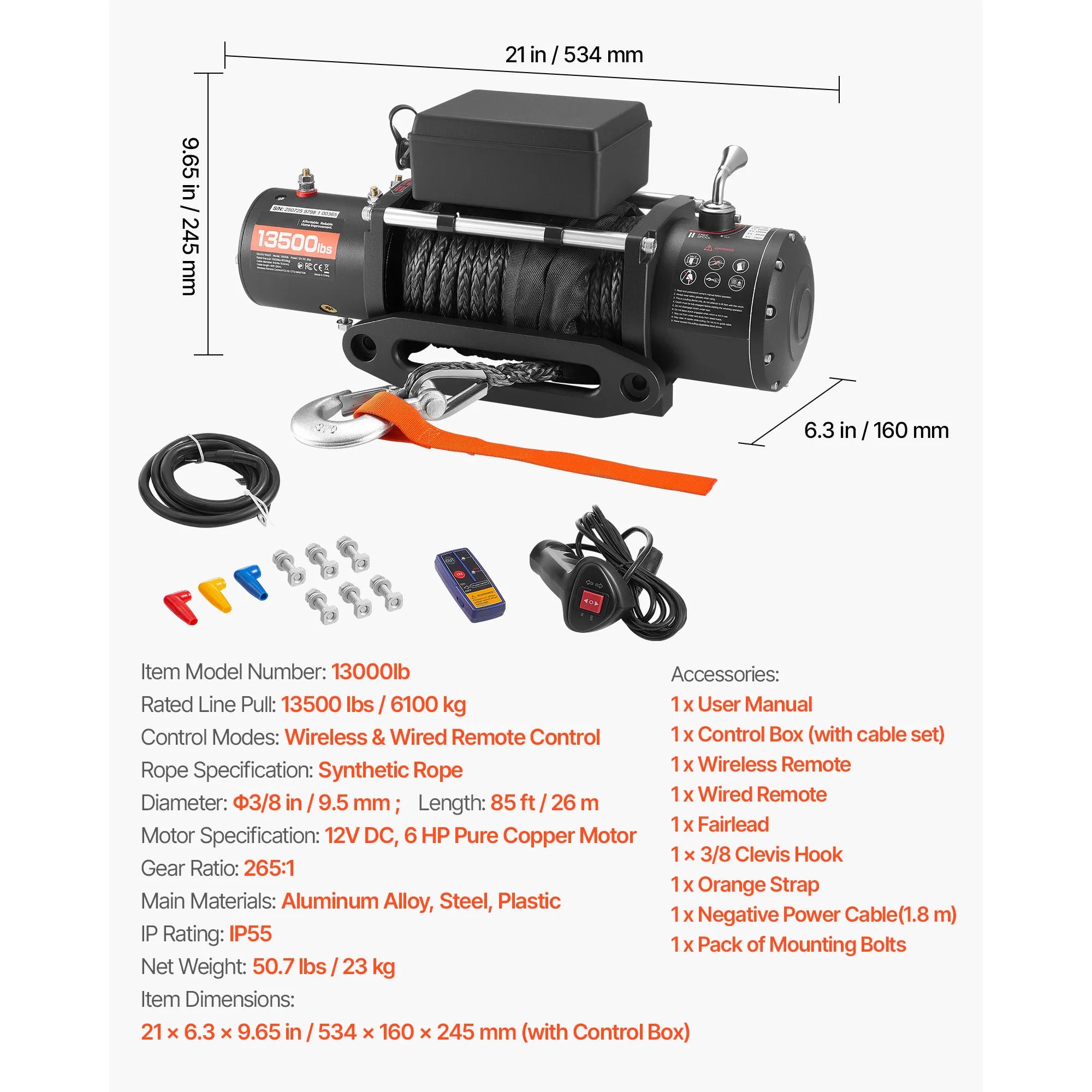 13500 lbs 12V Electric Winch with Synthetic Rope and Dual Remote Control