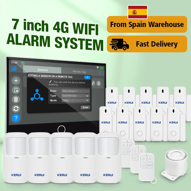 Entregas Rápidas KERUI Tuya WiFi+4G Sistema de Alarma para Hogar con 7 pulgadas Pantalla Táctil desde Almacén de ES Protección de Alarma