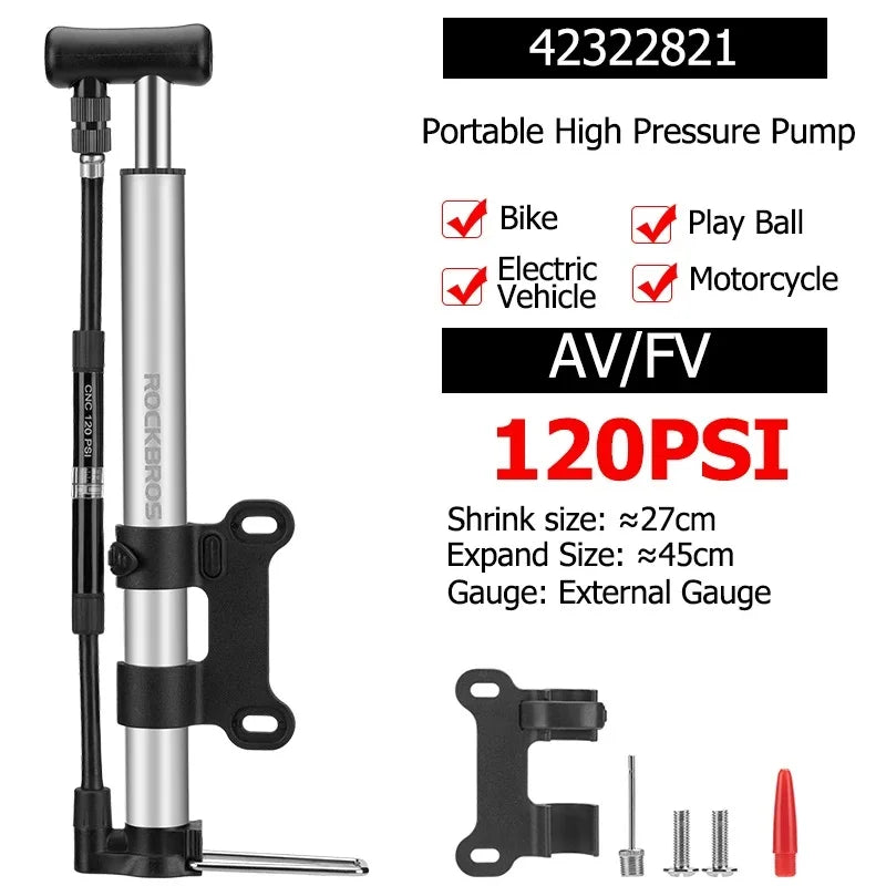 Pompa bici portatile 120 PSI con manometro per valvole Presta e Schrader
