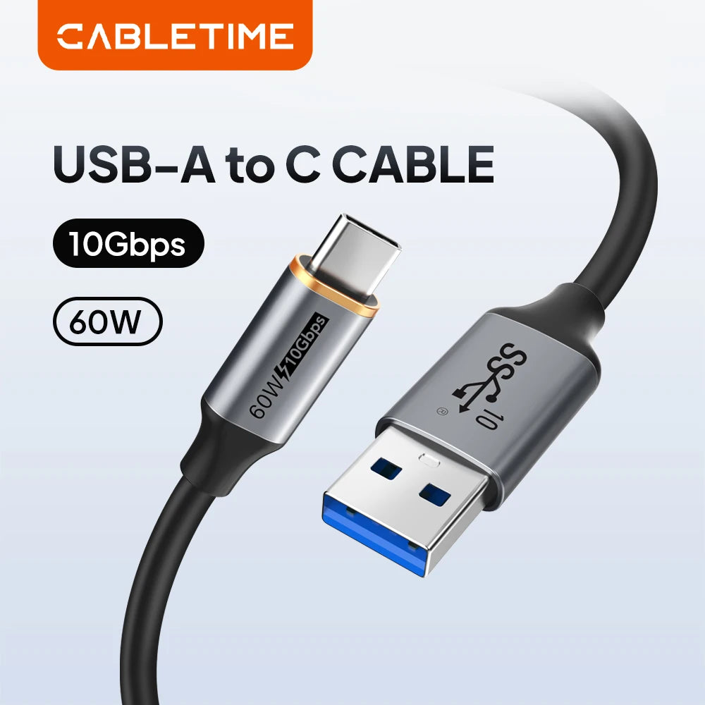 Cable CABLETIME USB-A a USB-C, 10 Gbps, 3 A, USB 3.2, 60 W, QC 3.0, transferencia de datos para carcasa SSD, carga de teléfono y sincronización de datos