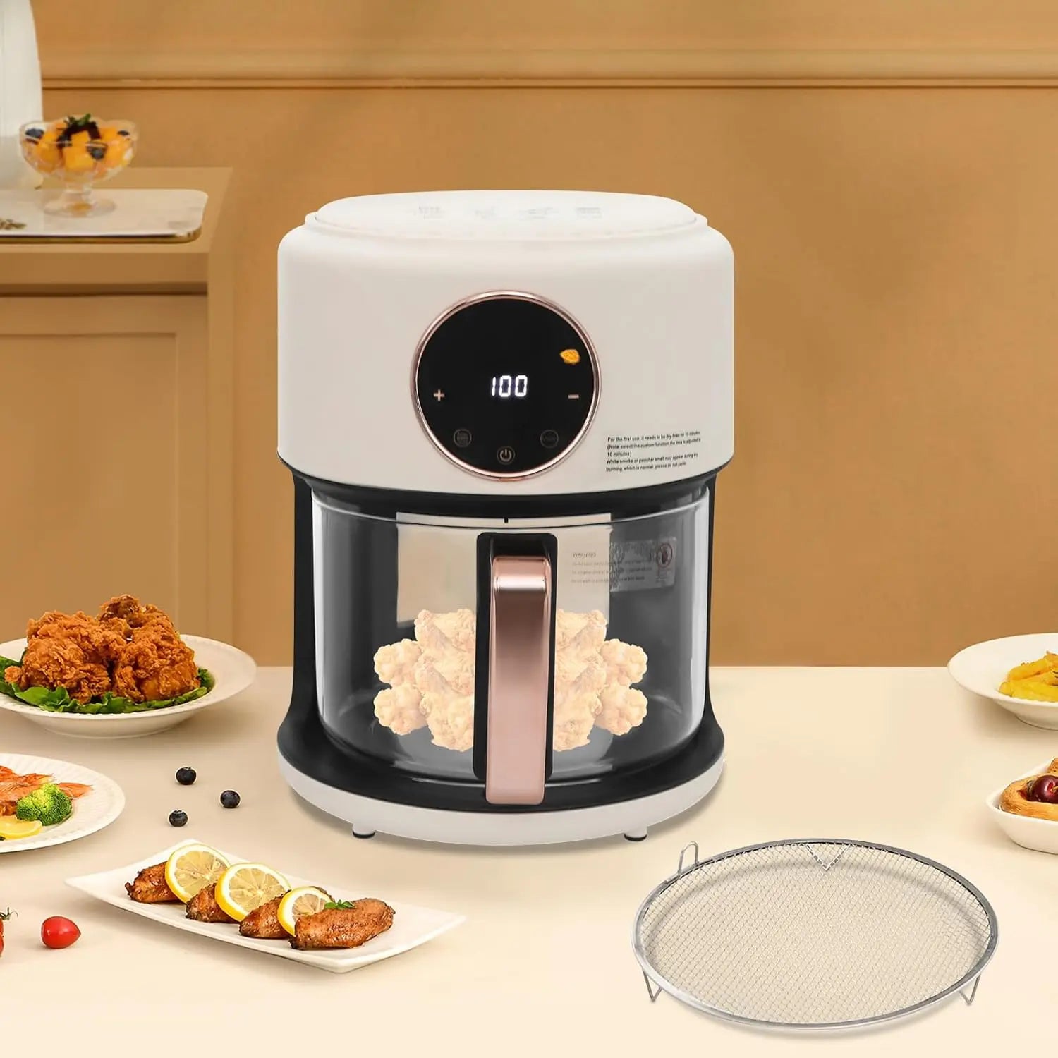 3.81Qt Portable Glass Air Fryer with Digital Display, 8 Preset Modes, White