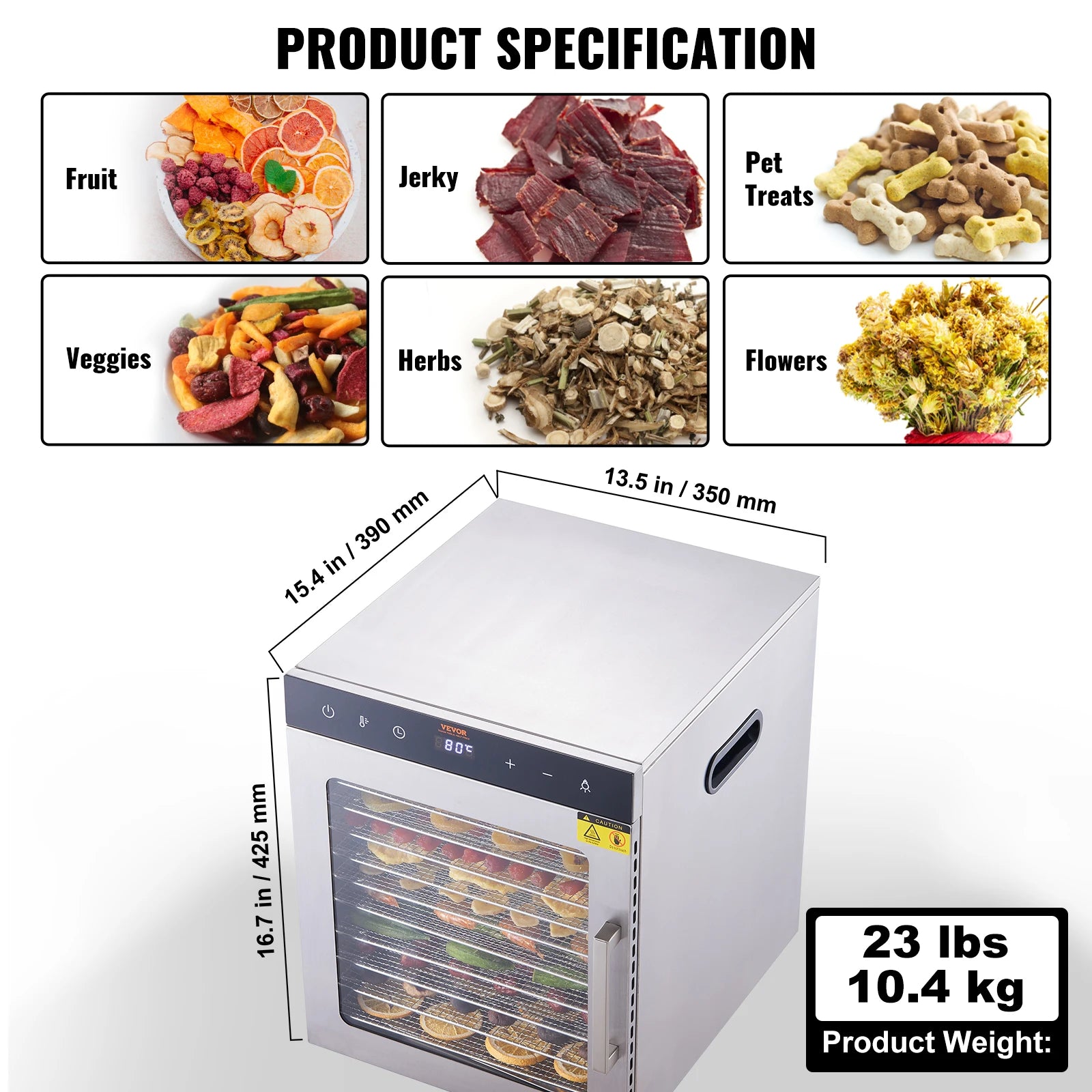 Deshidratador de Alimentos de 10 Bandejas de Acero Inoxidable con Temporizador y Control de Temperatura