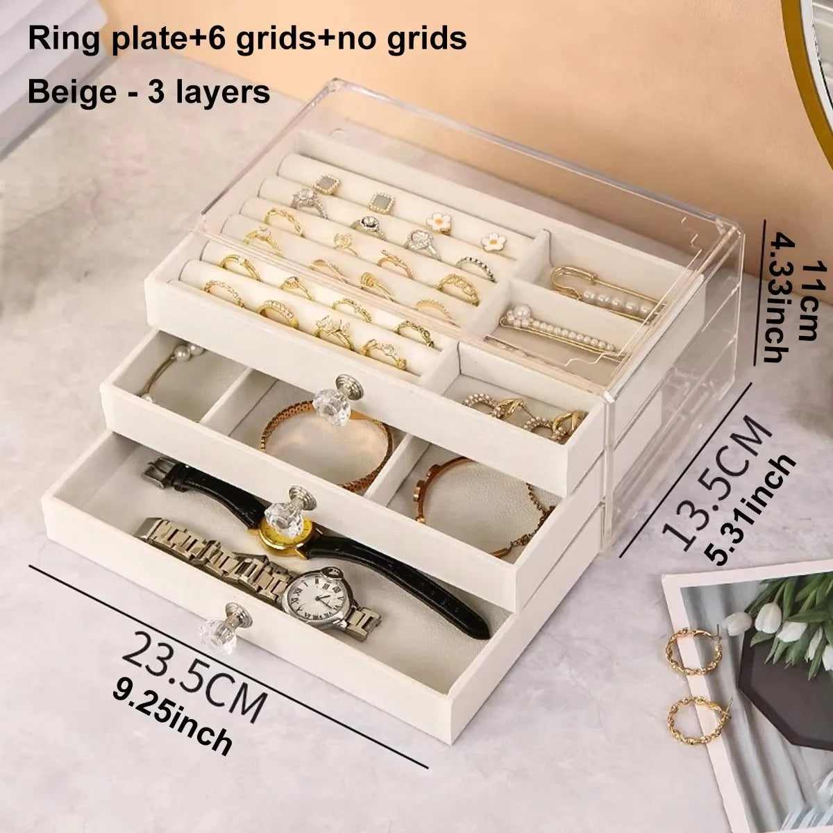 1 boîte à bijoux à tiroirs empilable sur 3 niveaux, beige/grise, pour ranger boucles d’oreilles, bagues, colliers et bracelets