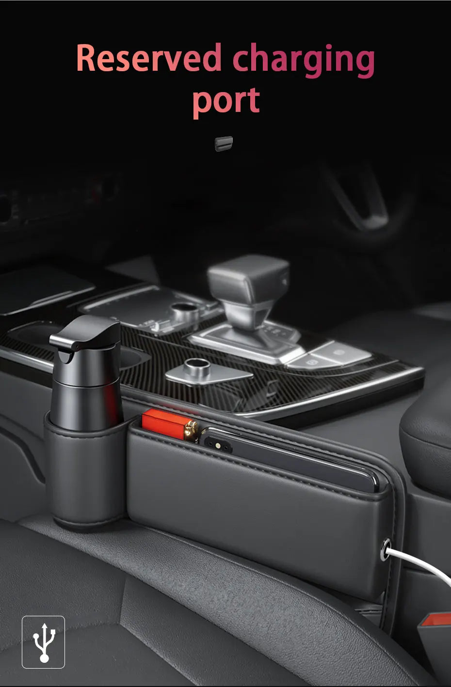 SEAMETAL Car Seat Gap Organizer with Cup Holder Wear-Resistant PU Leather Center Console Storage Bag Universal Seat Gap Filler