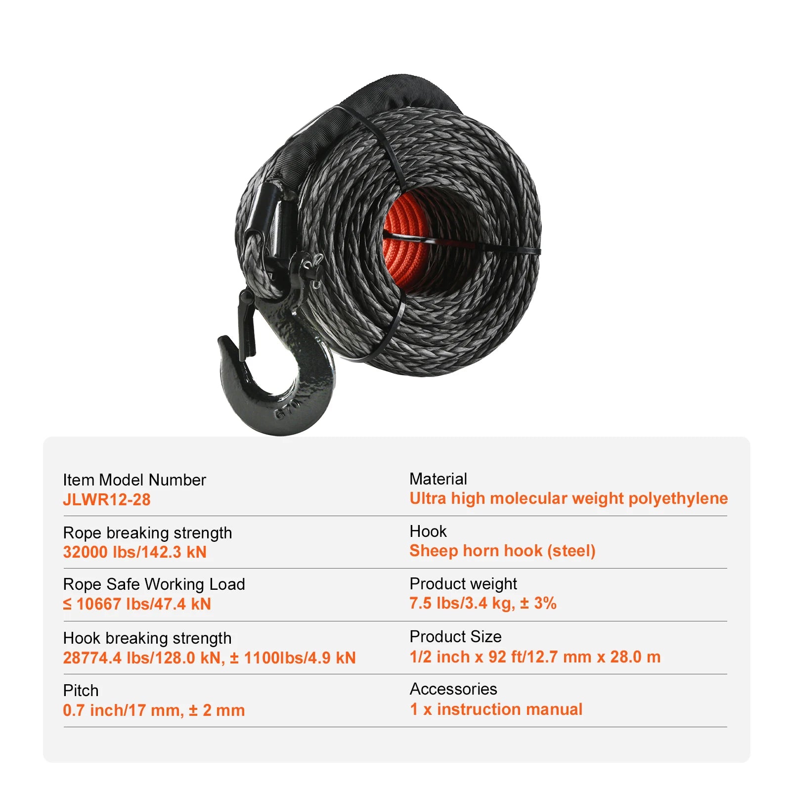 Syntetisk spilwire 26500–32000 lbs med krog til lastbil ATV
