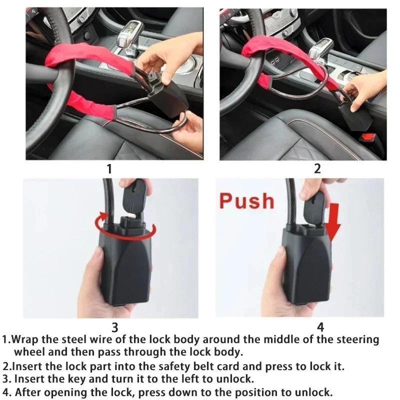SEAMETAL Car Steering Wheel Lock Universal Antitheft Device Auto Seat Belt Buckle Lock Rope Steel Cable for Car Truck SUV Van RV