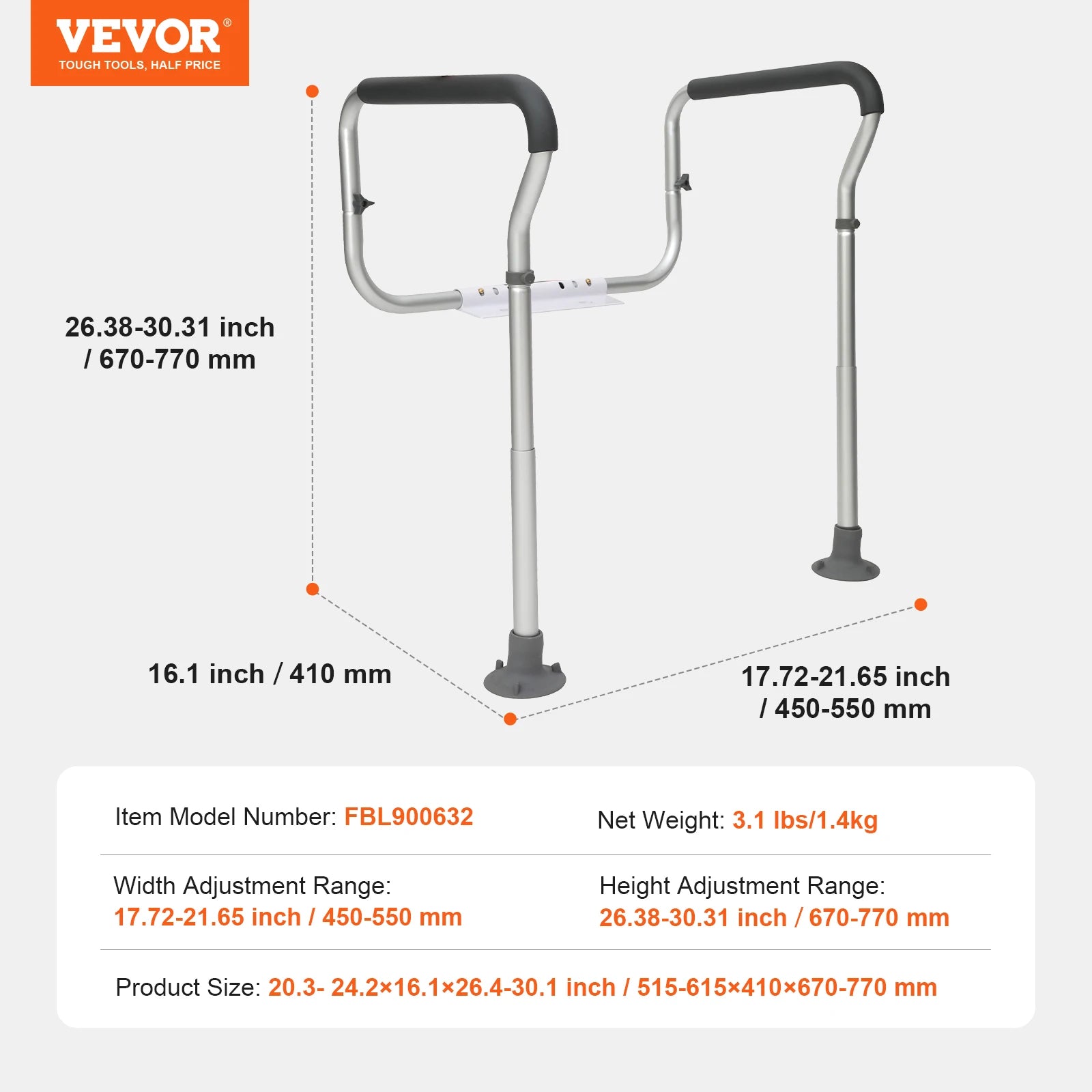Toilet Safety Rail Adjustable Width and Height Supports 300 lbs