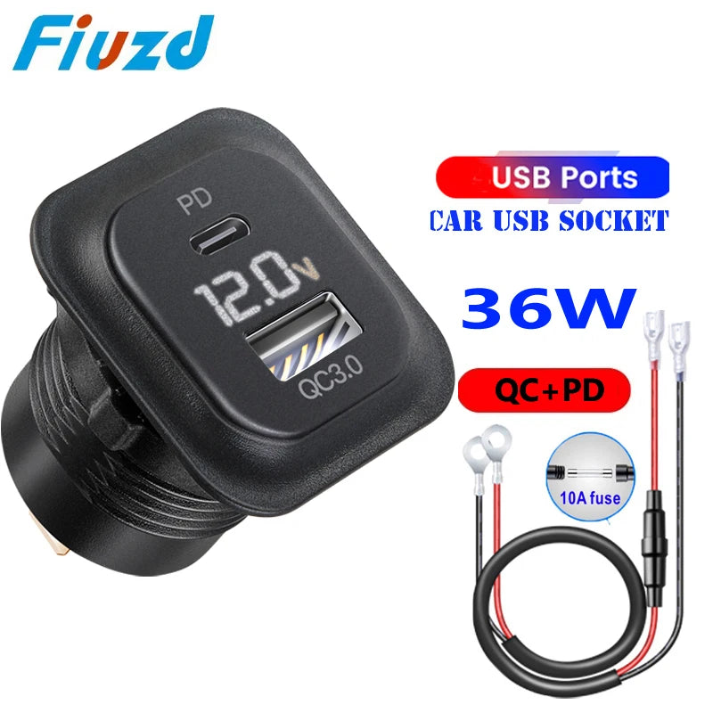 12v car usb charger fast charge Outlet Socket With Voltmeter Quick Charge Adapter for 12v 24v Truck Motorcycle RV Marine