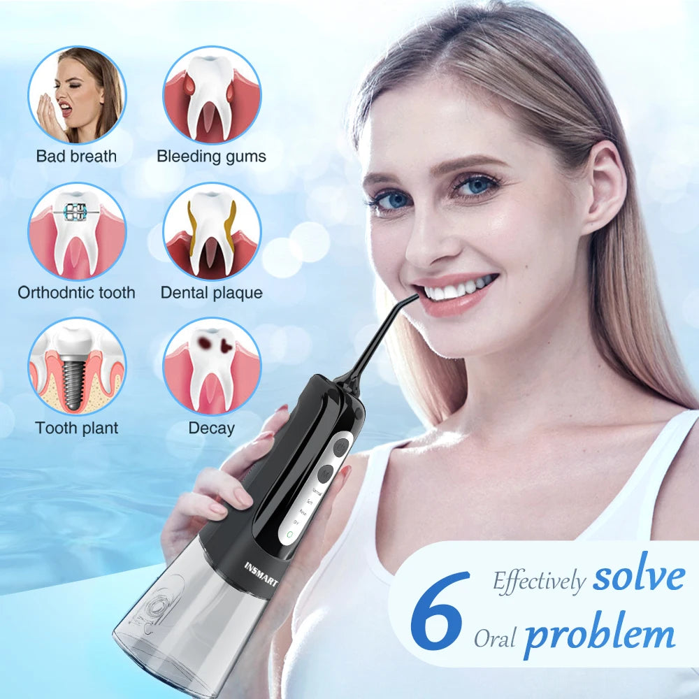 INSMART Oral Irrigator Dental Water Flosser Teeth Whitening Waterproof Portable Dental Water Jet Floss 300ML Teeth Cleaner 