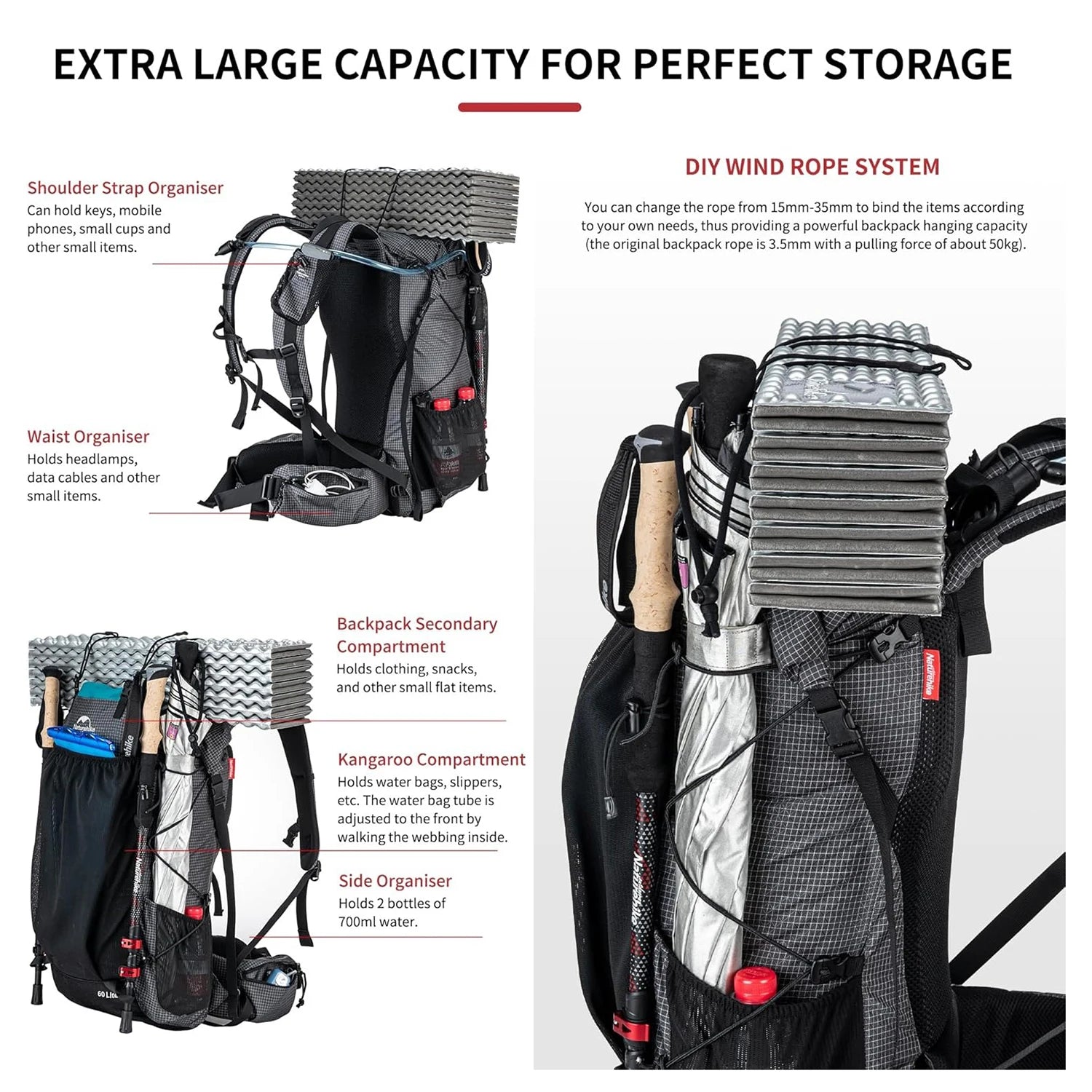 Mochila de Montanha Outdoor 60+5L Impermeável com Capa de Chuva