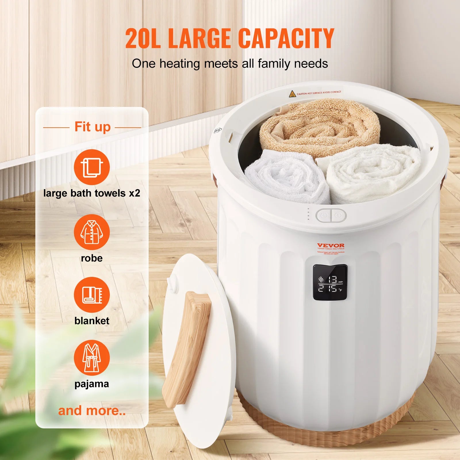 Calentador de Toallas Grande de 20L con Temporizador, Pantalla LED y Bloqueo para Niños